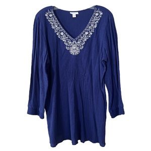 Charter Club Blue Gathered Front Long Sleeve Cotton Tunic Top Sz 16 NWT $50